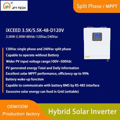Invertisseur solaire hybride avec entrée photovoltaïque de 100V à 500V et phase simple de 120Vac/240Vac en phase partagée